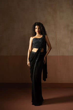 Pre-Draped Black  Hand Embroidered Georgette Saree - Custom image