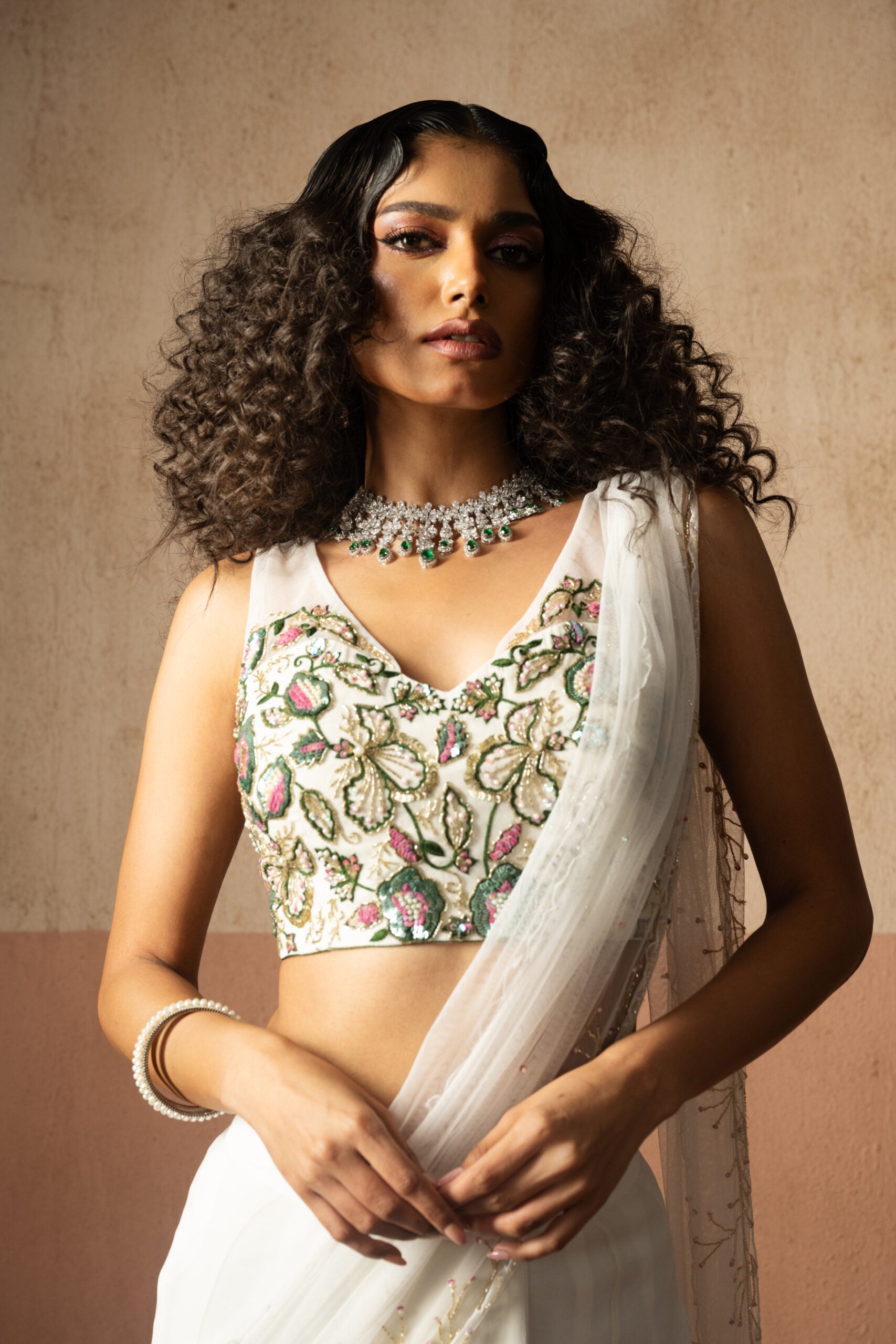 Fish Style White & Multicolored Hand Embroidered Georgette Fishtail Saree image 1