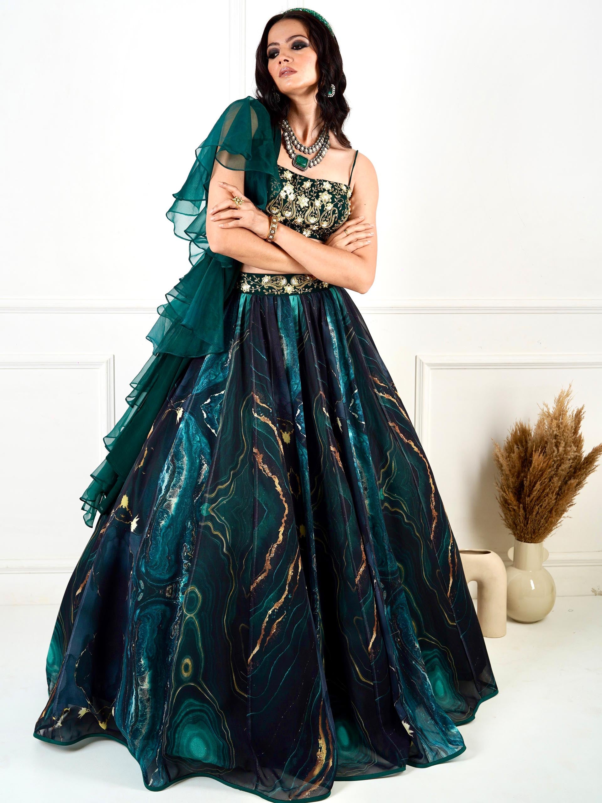Green Meesha Marble Lehenga Set image 4