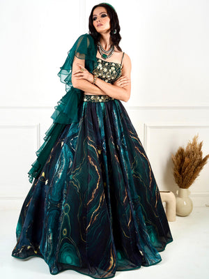 Green Meesha Marble Lehenga Set image 4