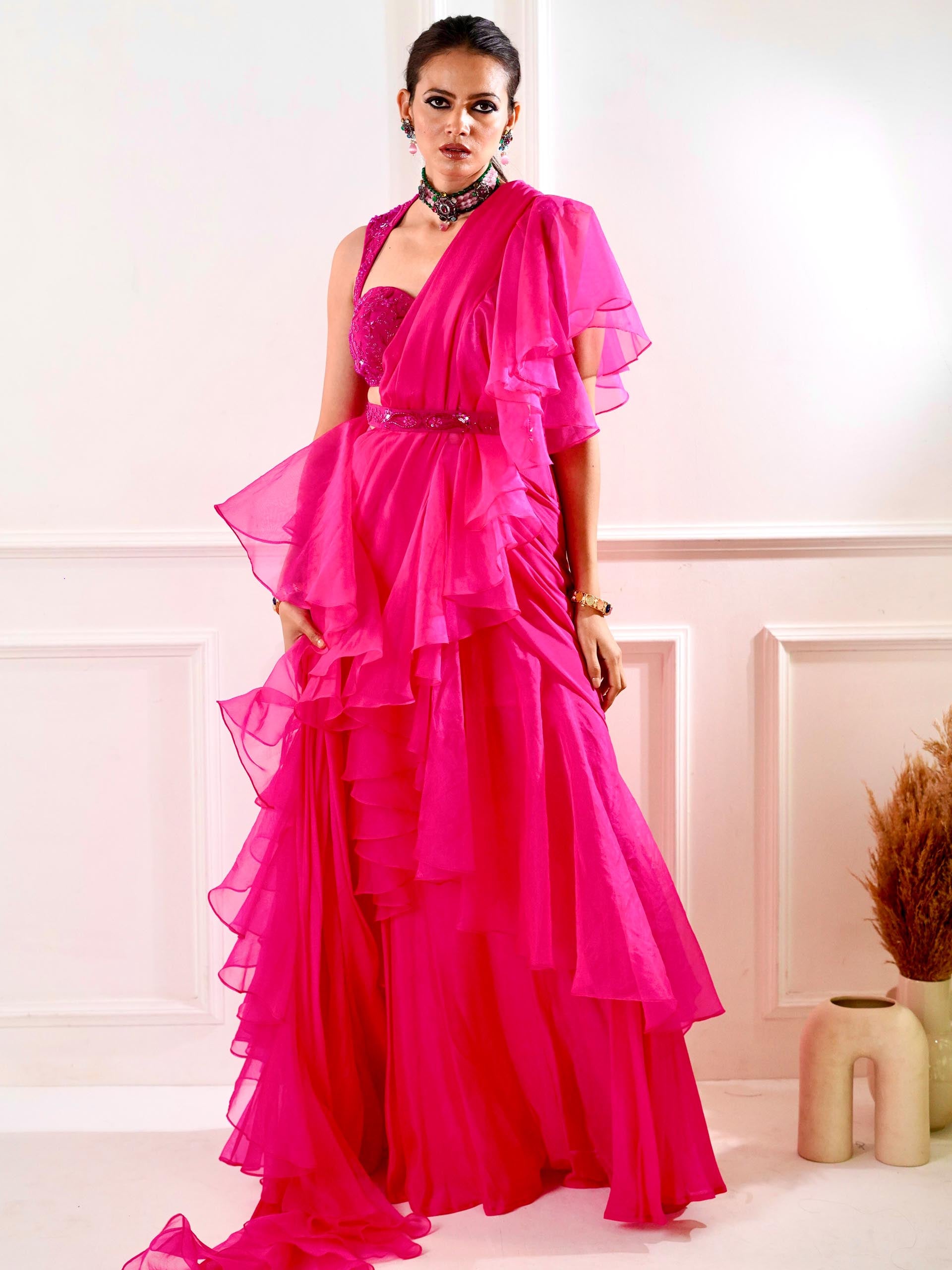 Rosie Hot Pink Ruffle Saree Set image 3