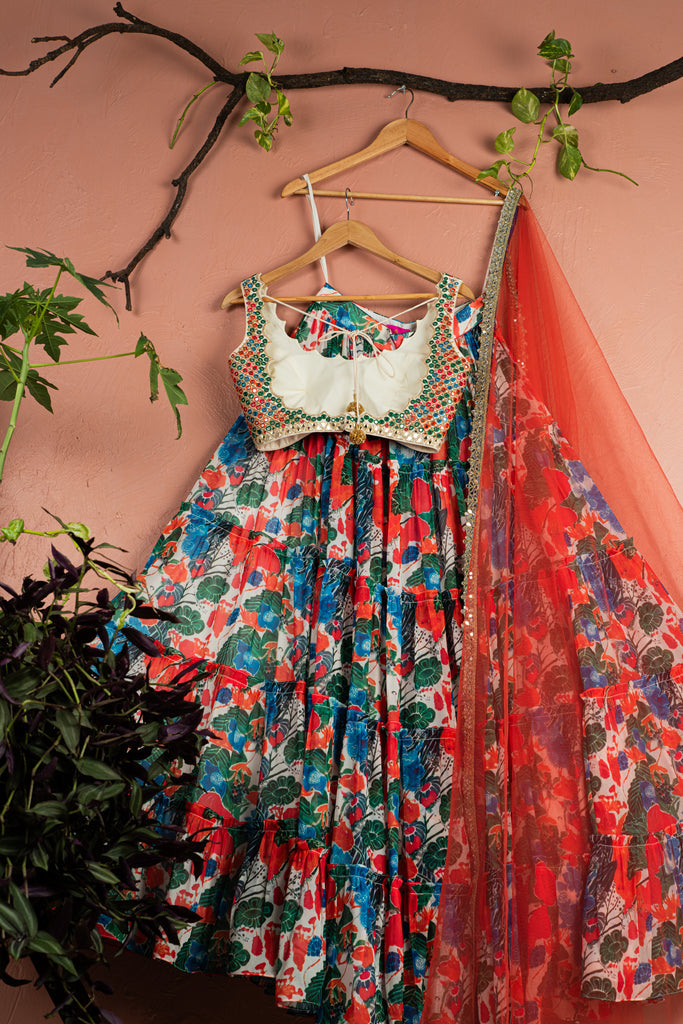 Floral Fiesta Layered Lehenga with Kalidescope Mirrorwork Blouse Set image 3