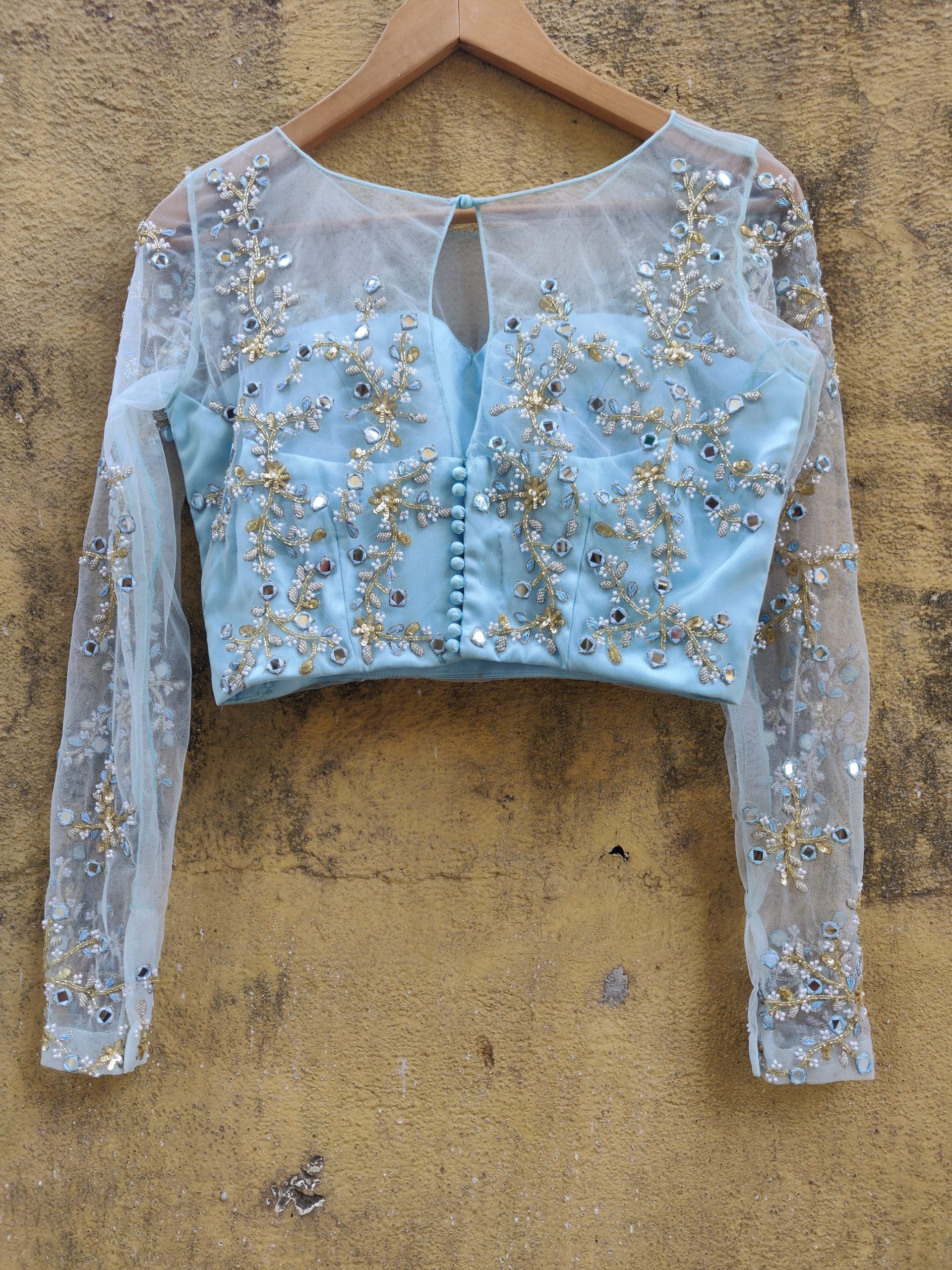 Sky Blue Mirror Work Saree with Resham Work Blouse image 3