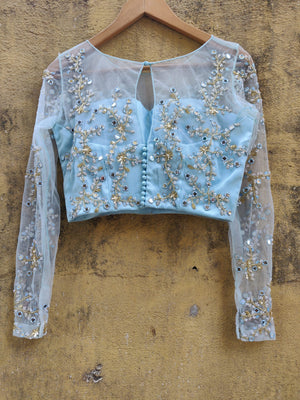 Sky Blue Mirror Work Saree with Resham Work Blouse image 3