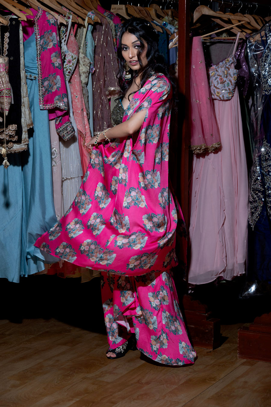 Fuchsia Pink Floral Draped Skirt and Cape Set image 5