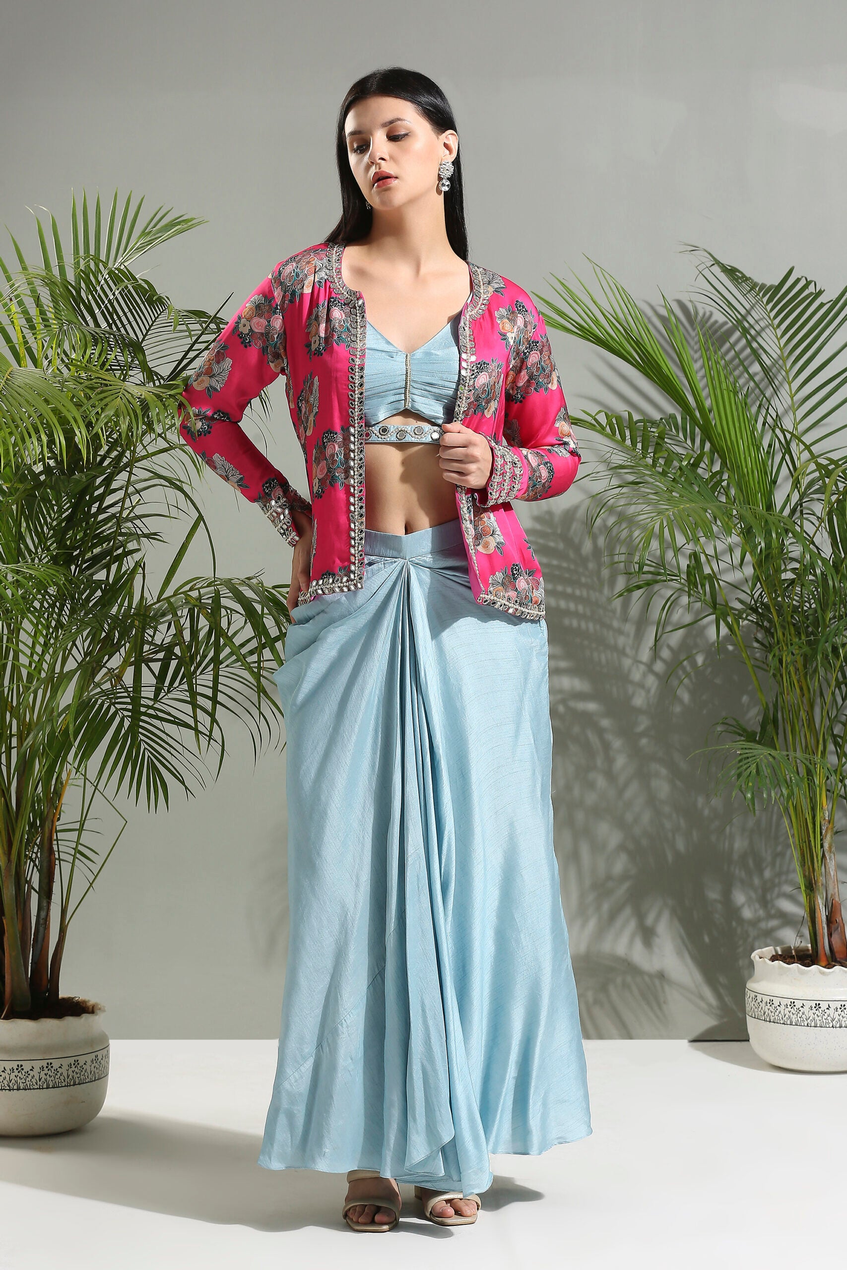 Grey Top and Skirt Set With Fuchsia Jacket image 0