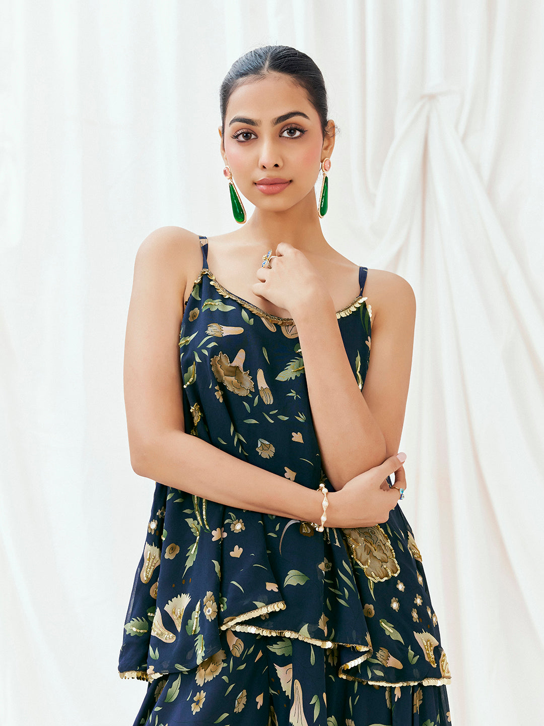 Navy Blue Printed Embroidered Peplum Sharara Set image 8