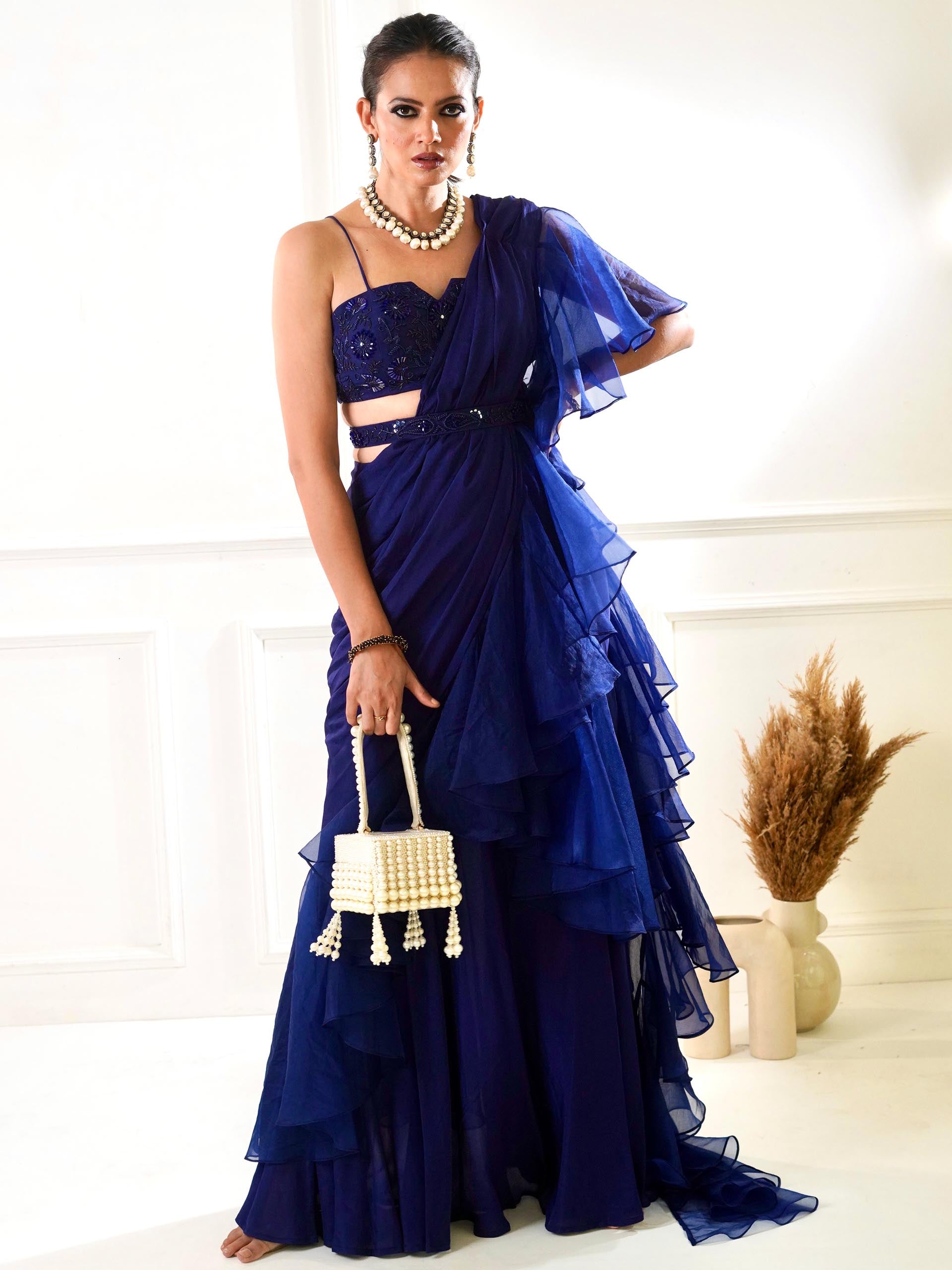 Nikasha Blue Ruffle Saree Set - L image
