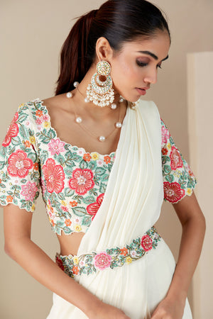 Thread Embroidered Off-White Pre-Drape Saree image 2