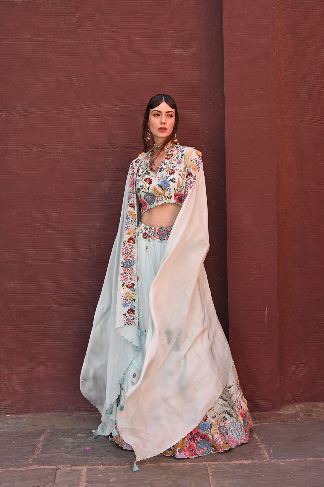 Powder Blue Flamingo Embroidered Lehenga Set image 0