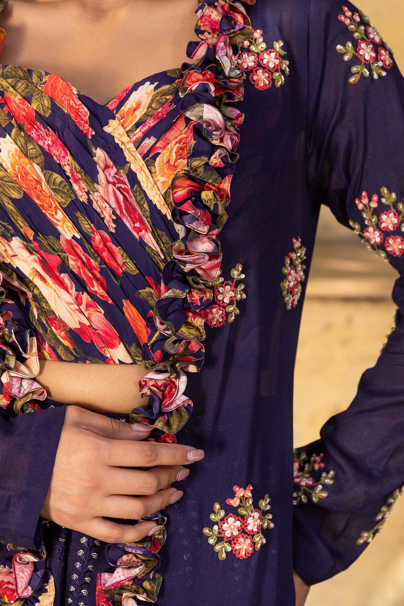 Purple Georgette Embroidered Jacket Set image 3