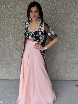 Black Floral Embroidered Jacket Blouse with Pink Palazzo Pants - S image