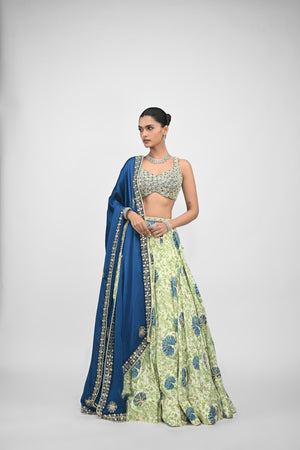 Peacock Highlighted Lehenga Paired with Pearl Blouse and Embroidered Dupatta - S image