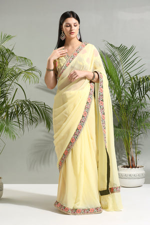 Yellow Saree with Floral Blouse image 5