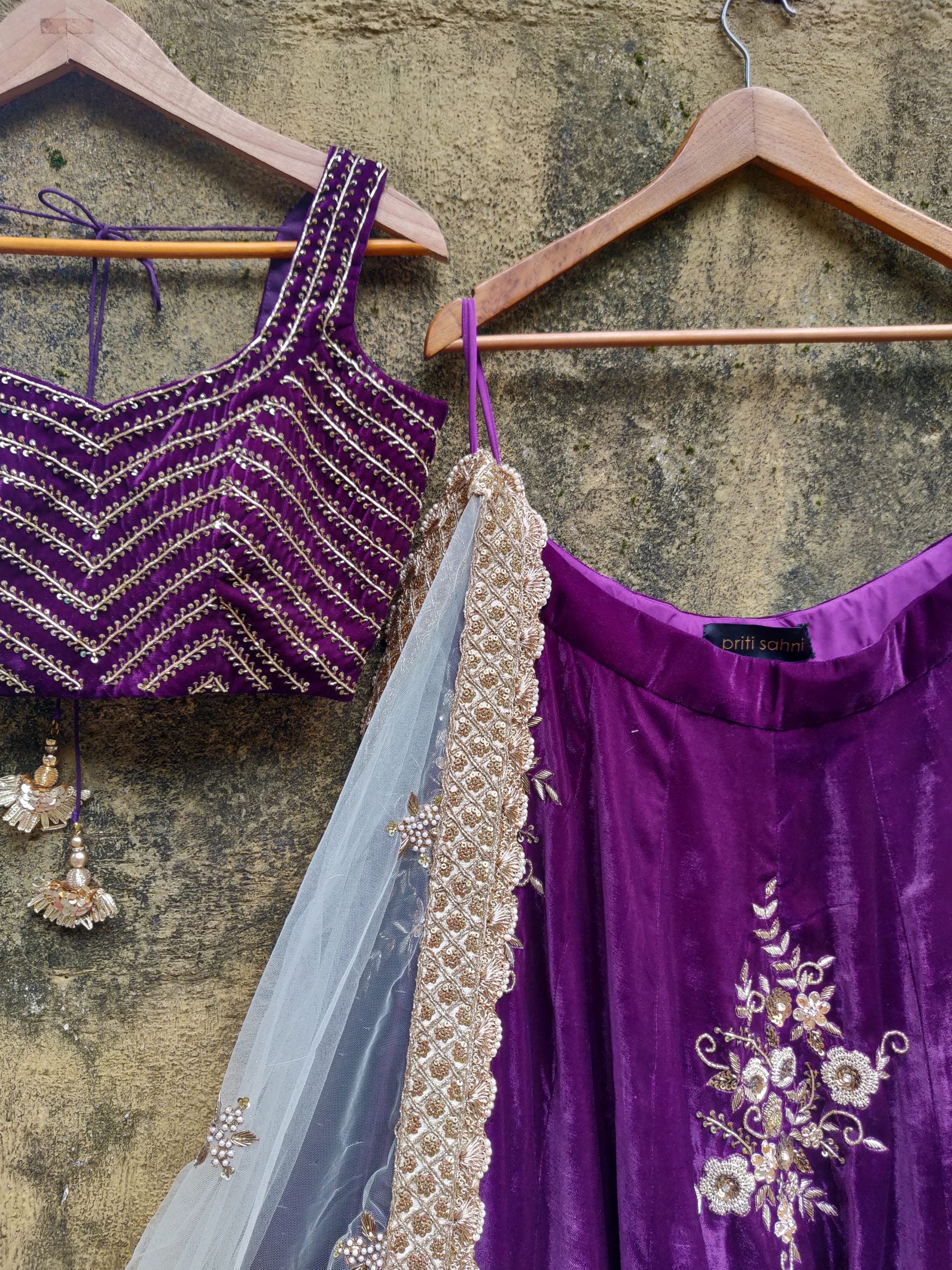 Purple Velvet Lehenga set with Ivory Dupatta image 2