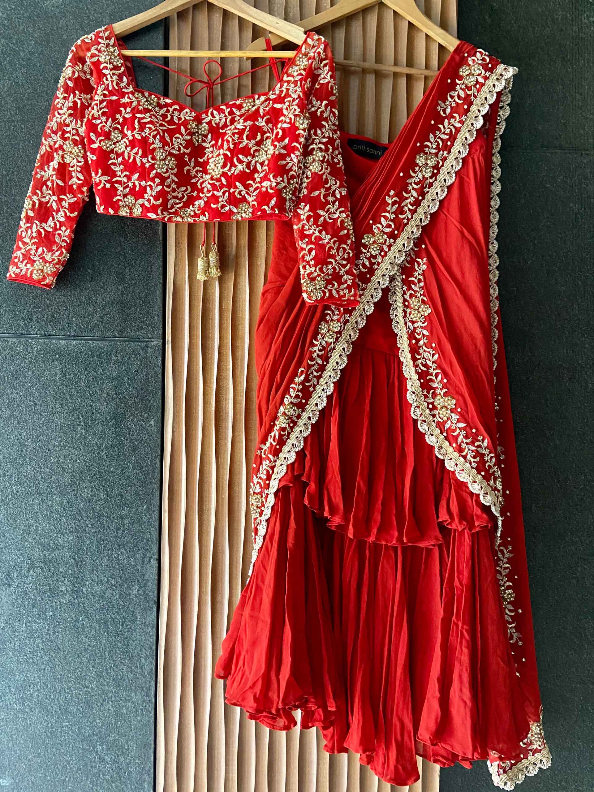 Red Ruffled Embroidered Pre-stitched Saree Set - Custom image