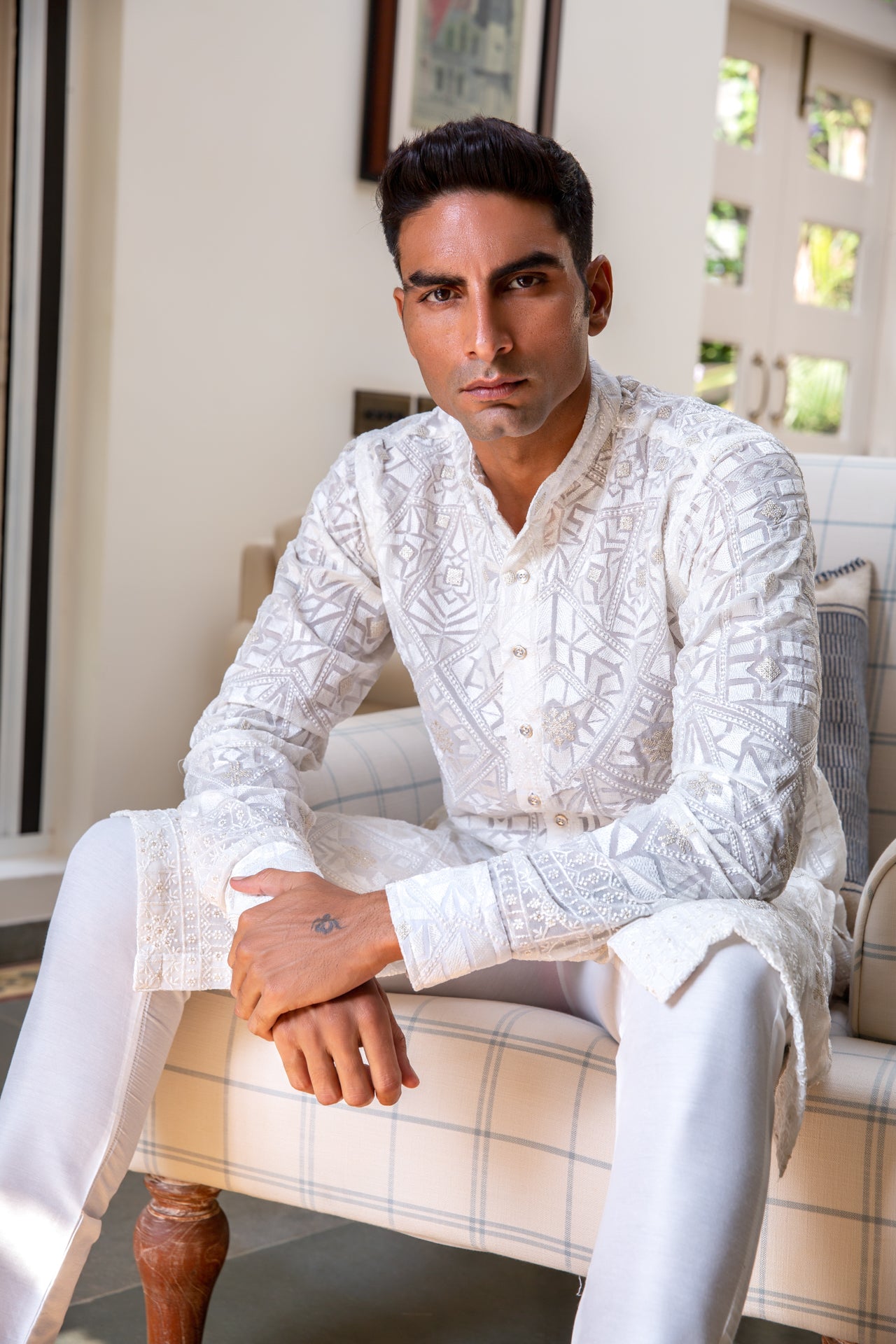 White Lucknowi Shirt Kurta Set image 3