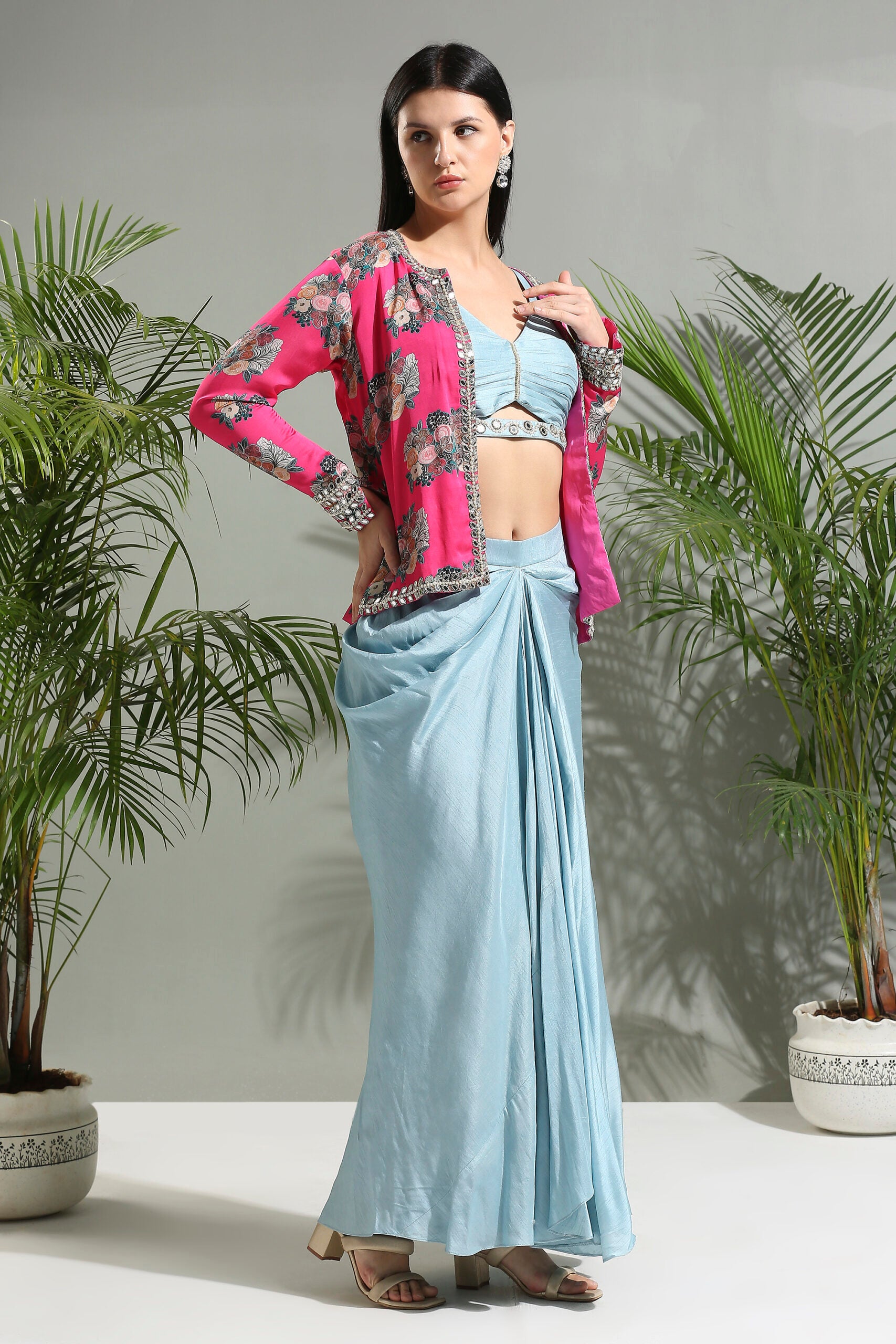 Grey Top and Skirt Set With Fuchsia Jacket - M image