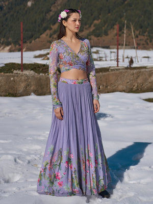 Lilac Floral Embroidery Lehenga Set - M image