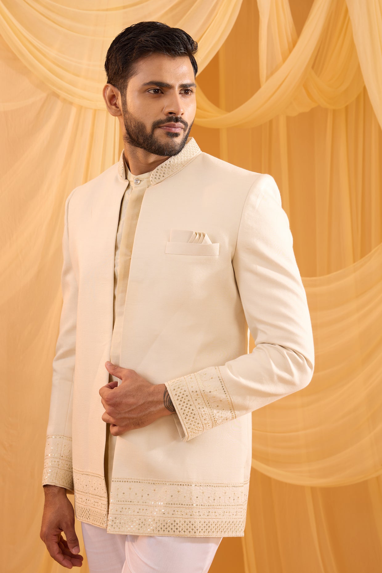Cream Embroidered Indowestern Set image 1