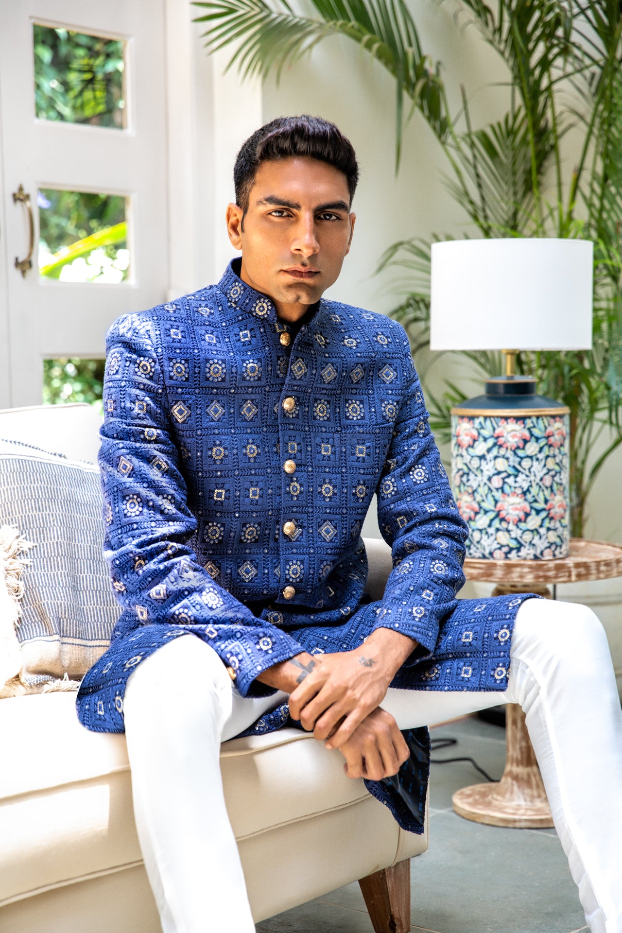Navy Embroidered Sherwani Set image 2