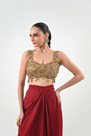 IB DHOTI SET PAIRED WITH EMBROIDERED BRALLETE AND JACKET image 2