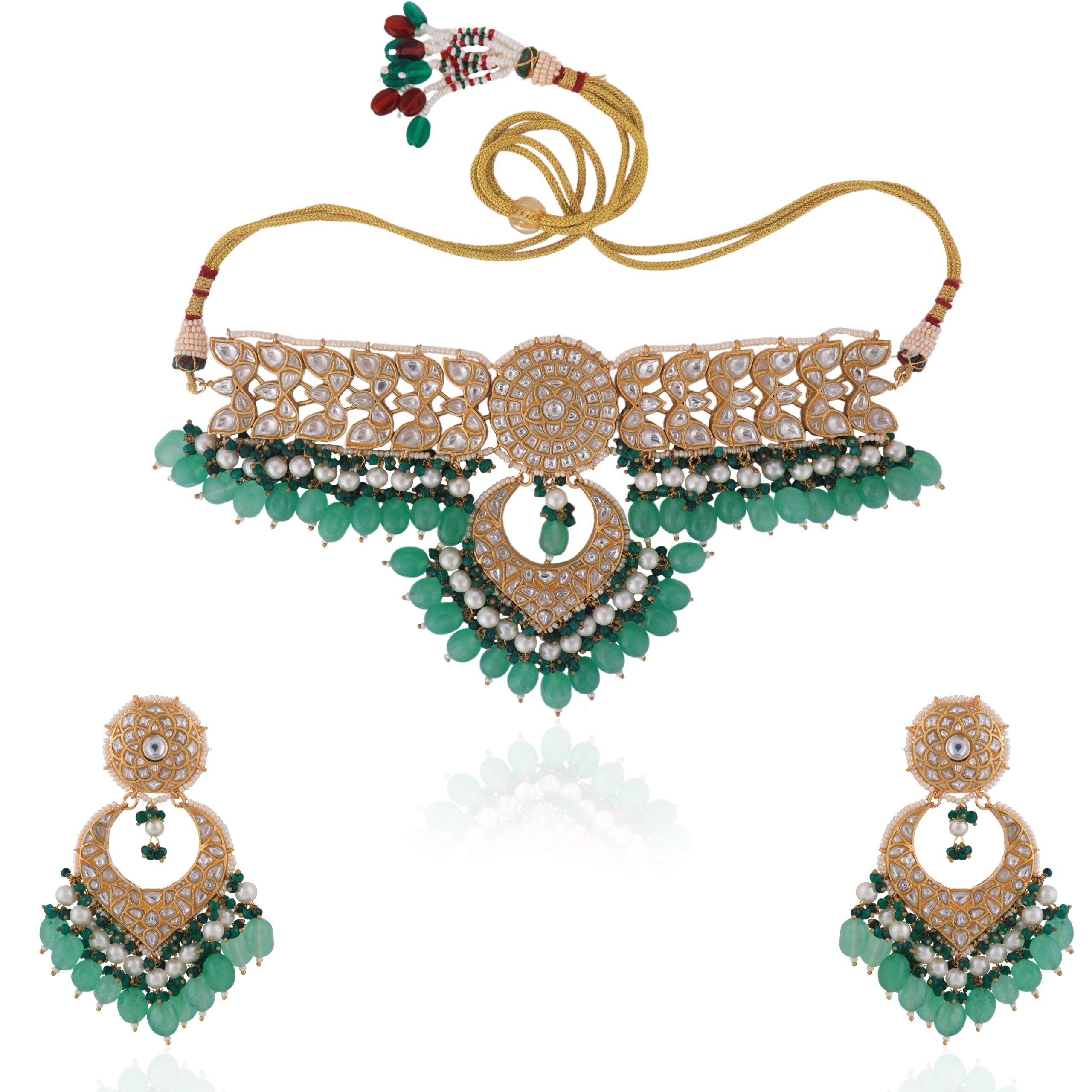 Sea Green Beads with White Jadtar Stone Necklace Set image 0