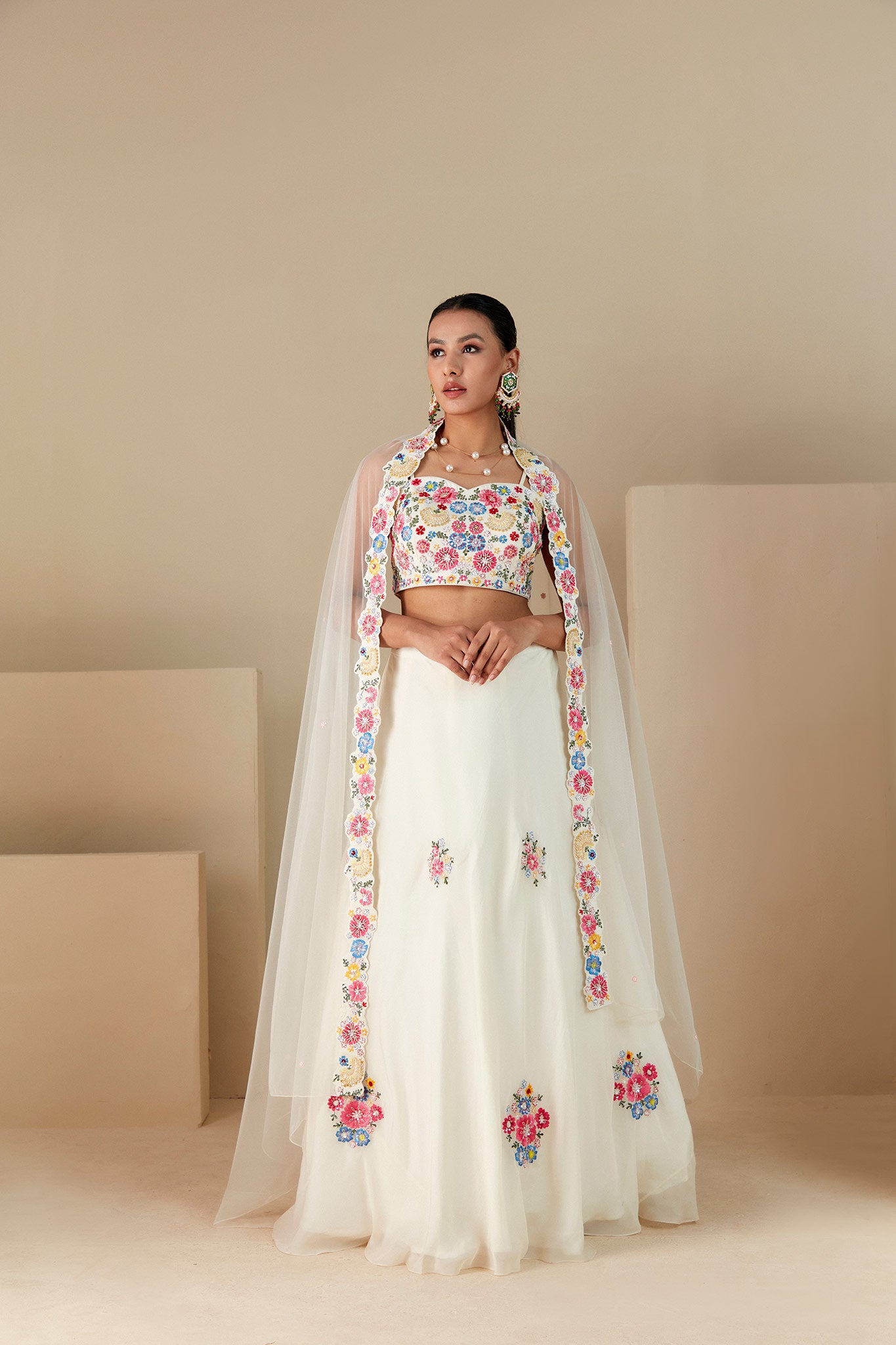 Off White Georgette Crepe and Organza Lehenga Set - Custom image