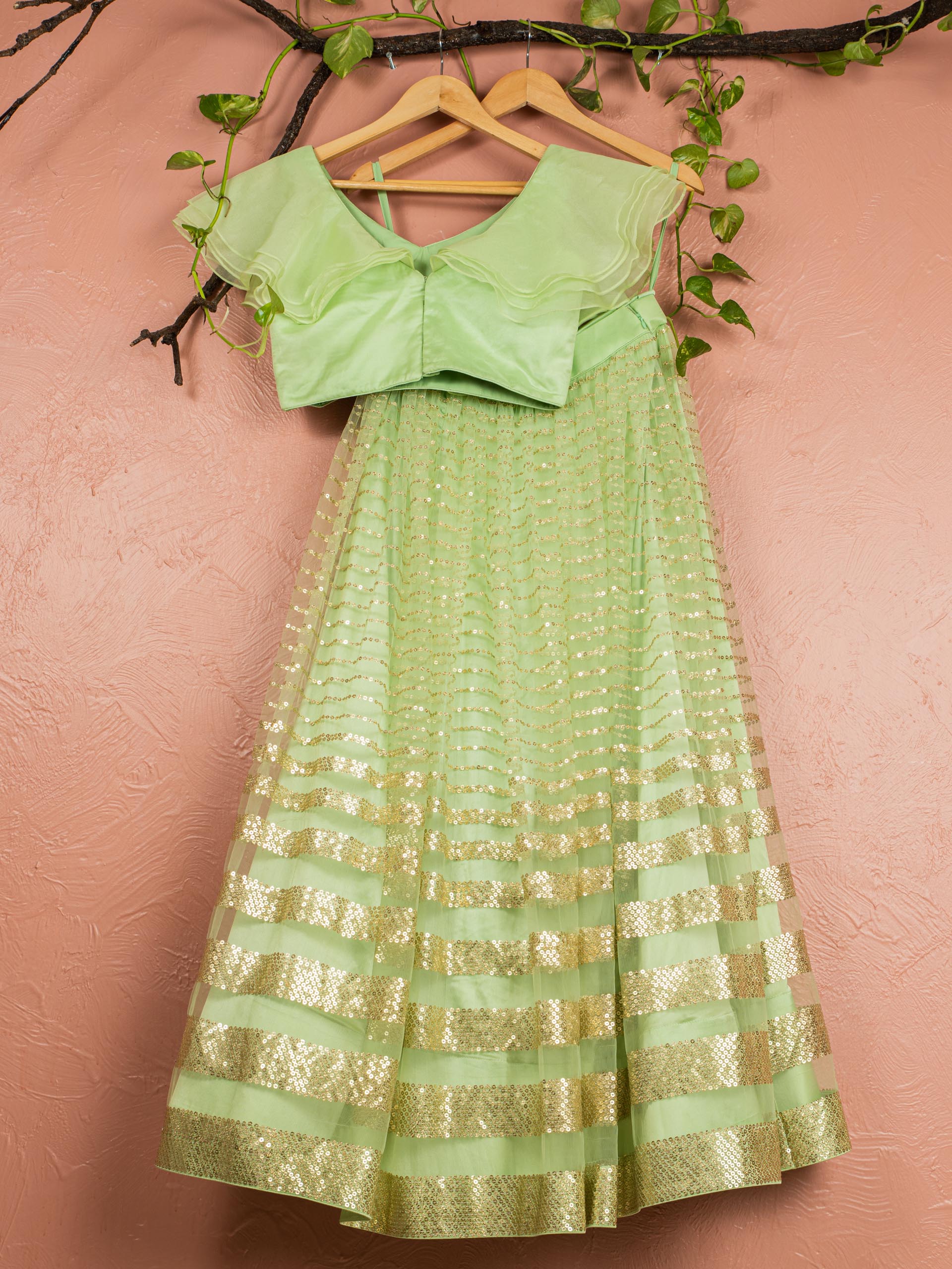 Lime Green Ruffle Sequin Lehenga Set image 1