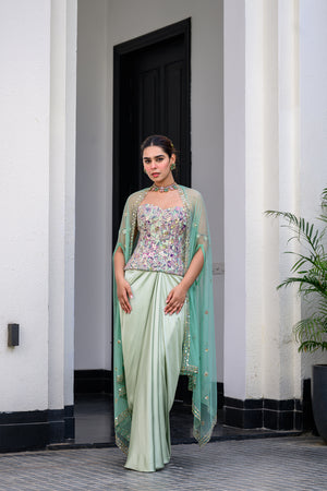 Eden Textudawn Corset With Mirror Work Paidawn With Dhoti Skirt And Cape Set - S image