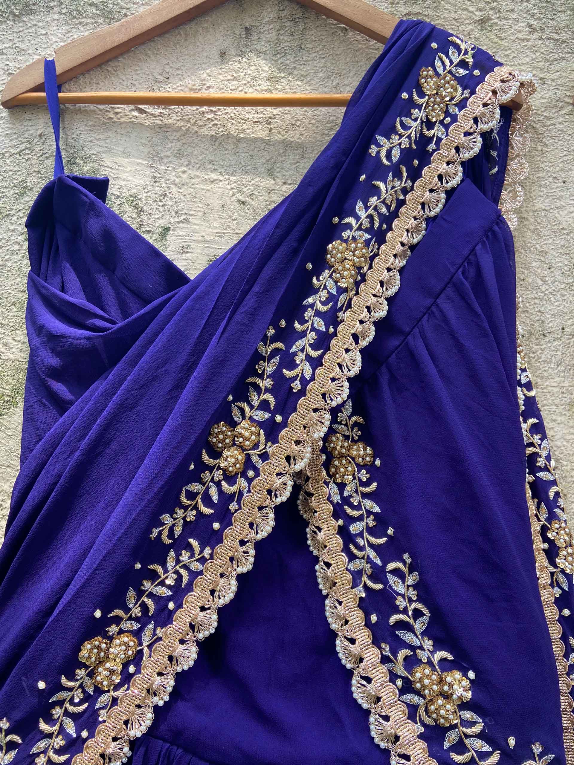 Indigo Blue Ruffled Embroidered Pre-stitched Saree Set image 1