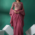 Mauve Pre Draped Sequin Saree Set image 0