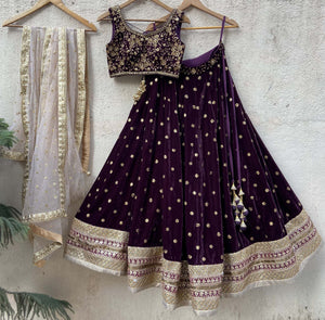 Wine Velvet Lehenga Set - XL image
