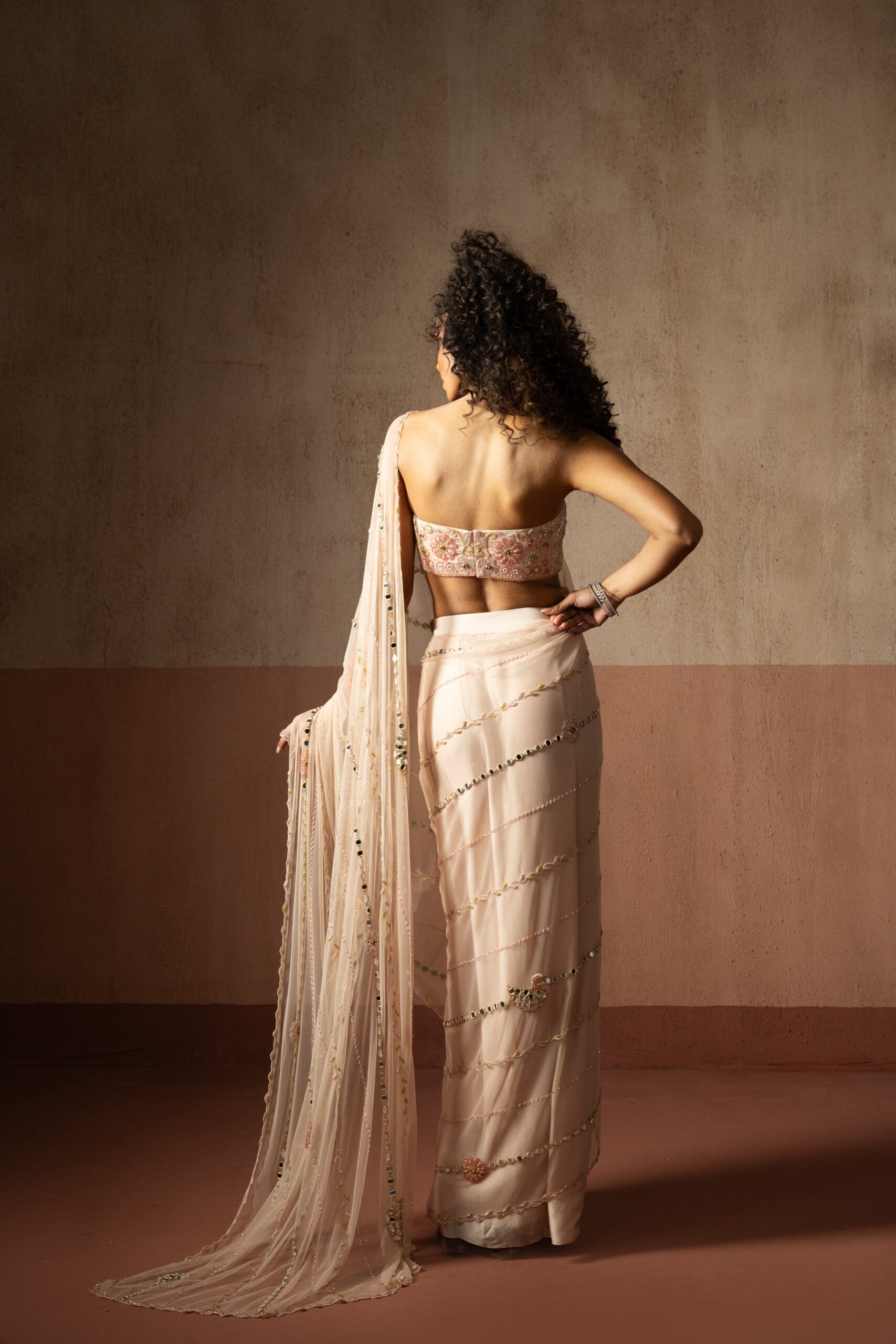 Pre Draped Baby Pink Hand Embroidered Net & Satin Saree image 5