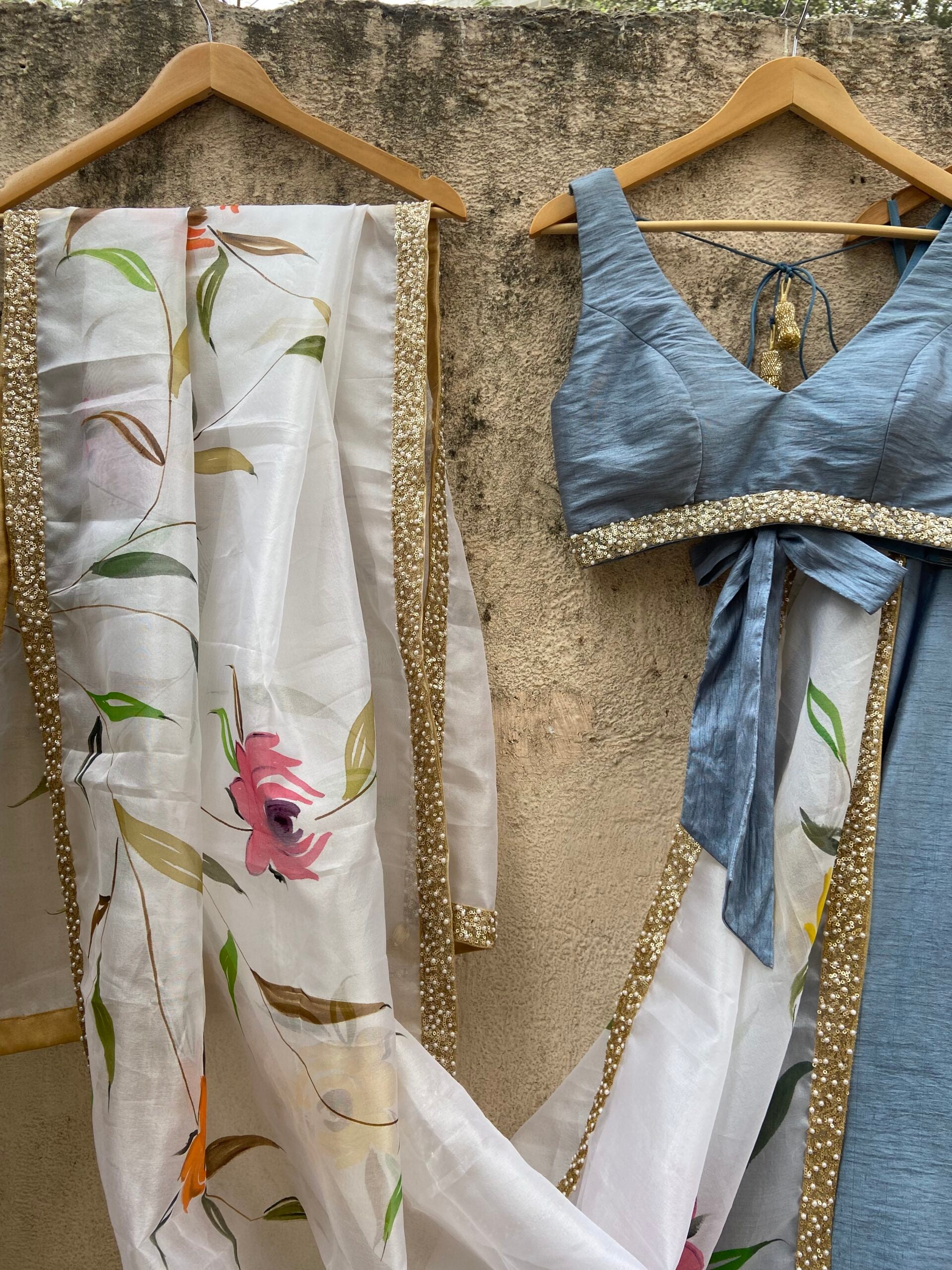 Grey Lehenga set with Hand-painted Dupatta image 0