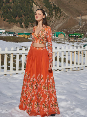 Orange Floral Lehenga Set image 3