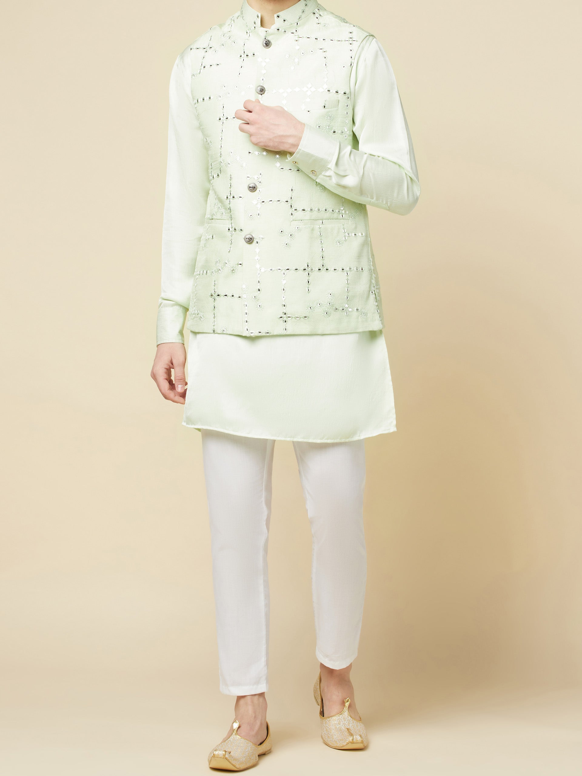 Mint Green Kurta Bundi Jacket Set image 5