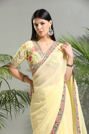 Yellow Saree with Floral Blouse image 3