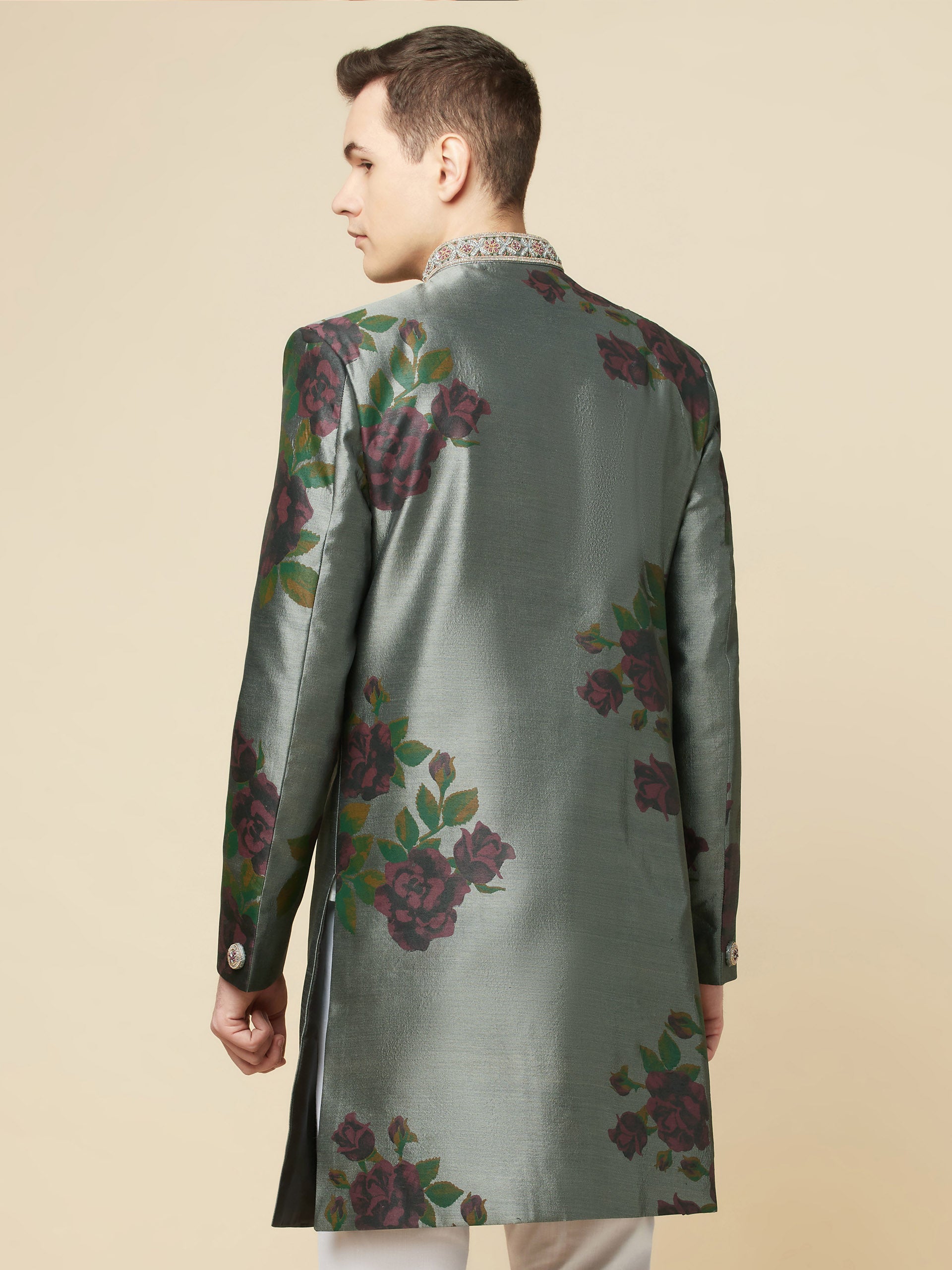Grey Embroidered Sherwani Set image 2