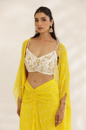 Yellow and White Bandhani Skirt and Cape Set image 5