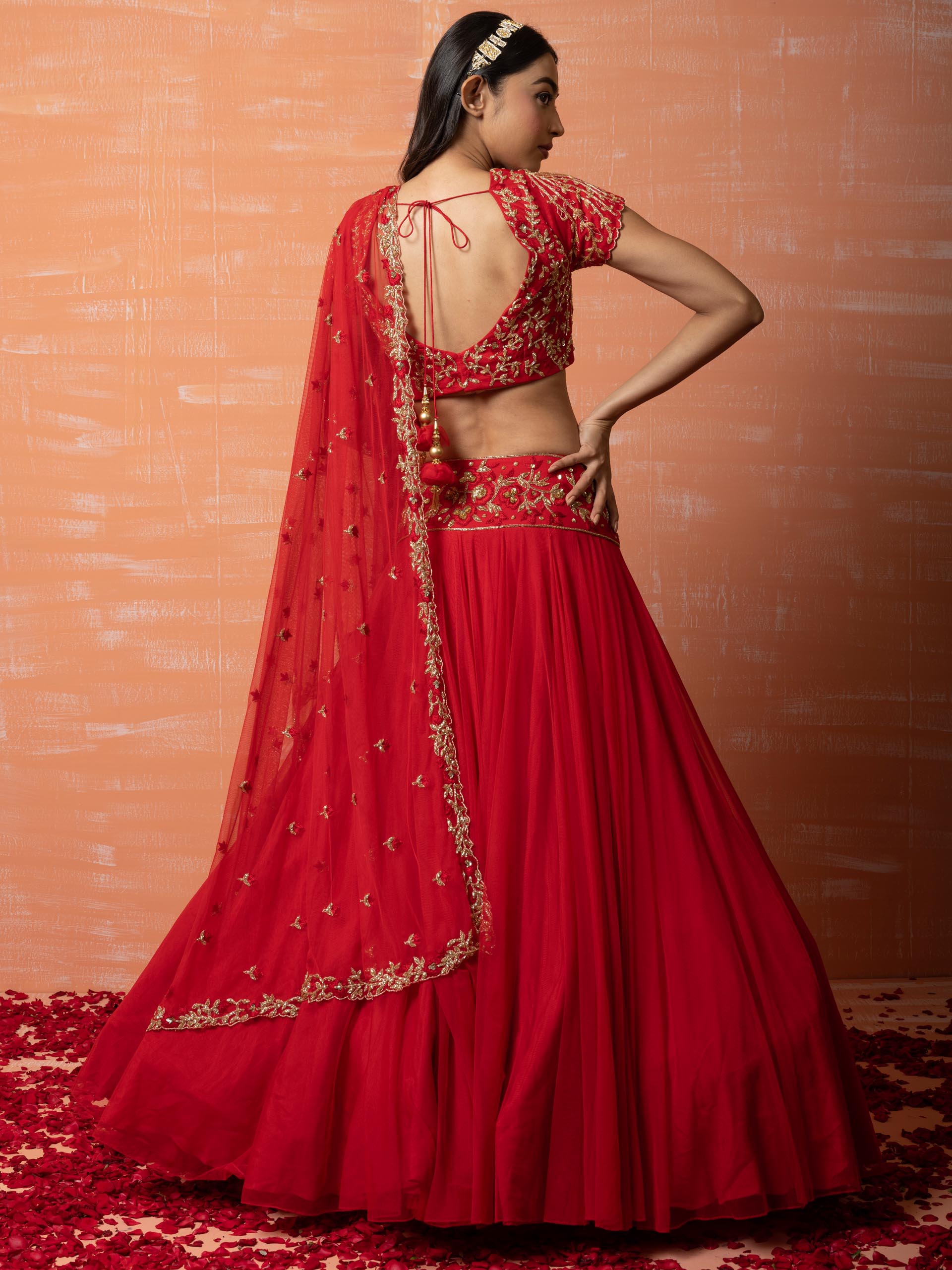 Red Bridal Net Lehenga Set image 3