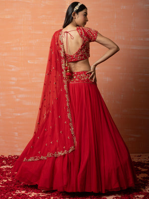 Red Bridal Net Lehenga Set image 3