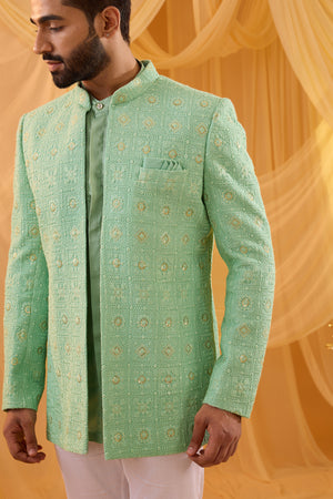 Mint Green Embroidered Open Jacket Kurta Set image 1