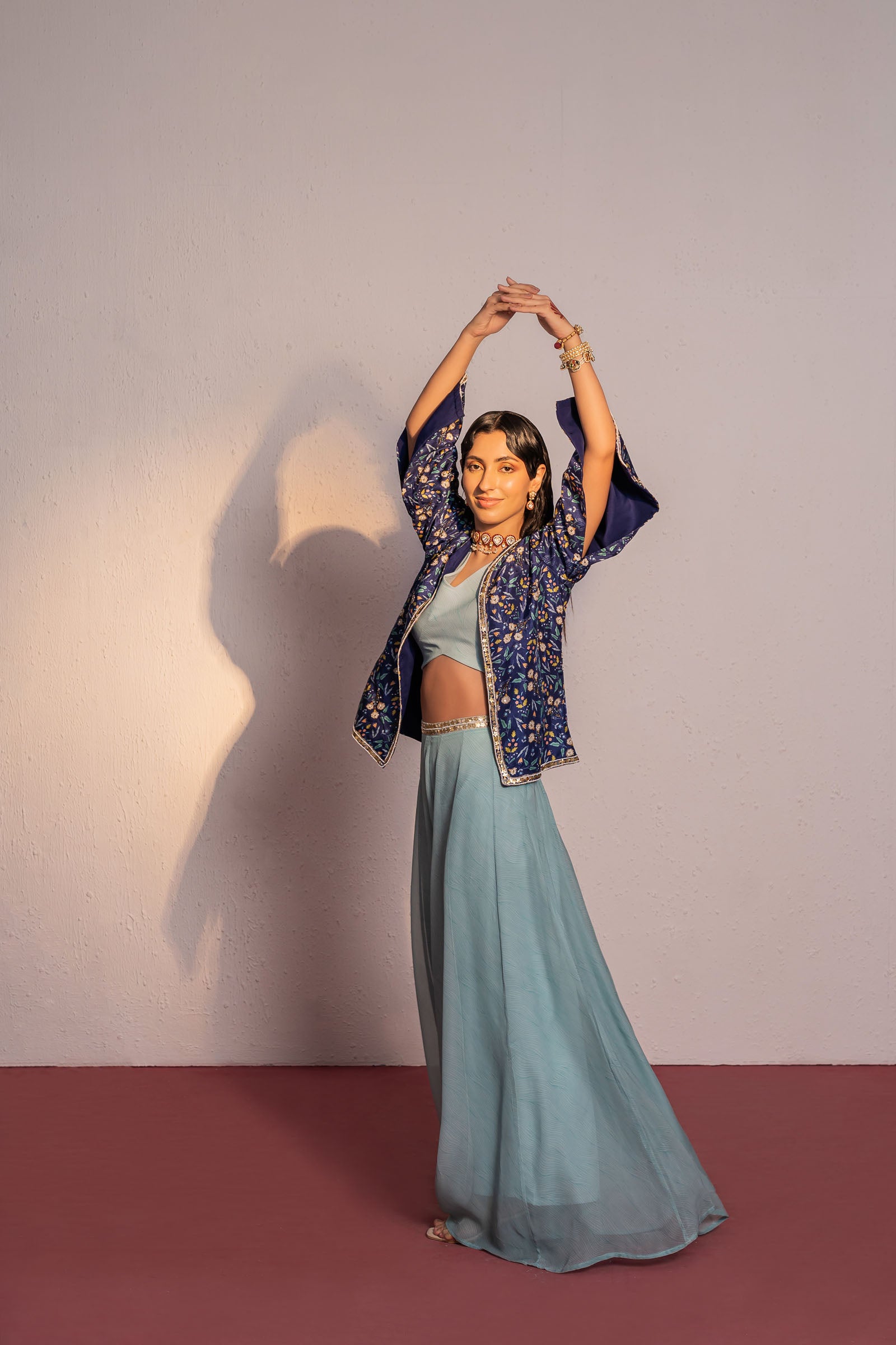 Royal Blue Printed And Embroidered Jacket & Palazzo Pant Set image 5