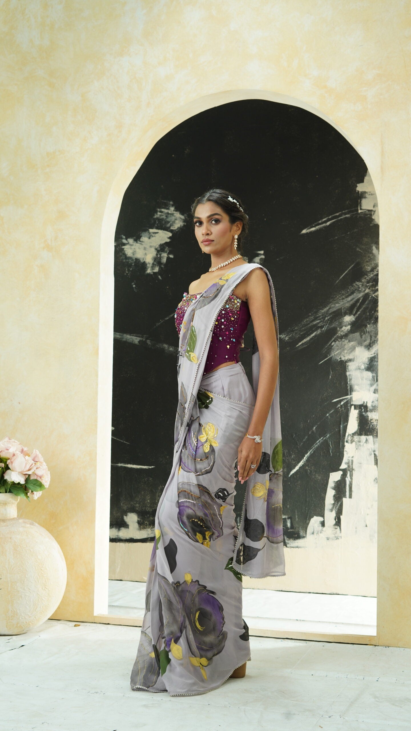 Periwinkle hand painted saree and corset set image 5