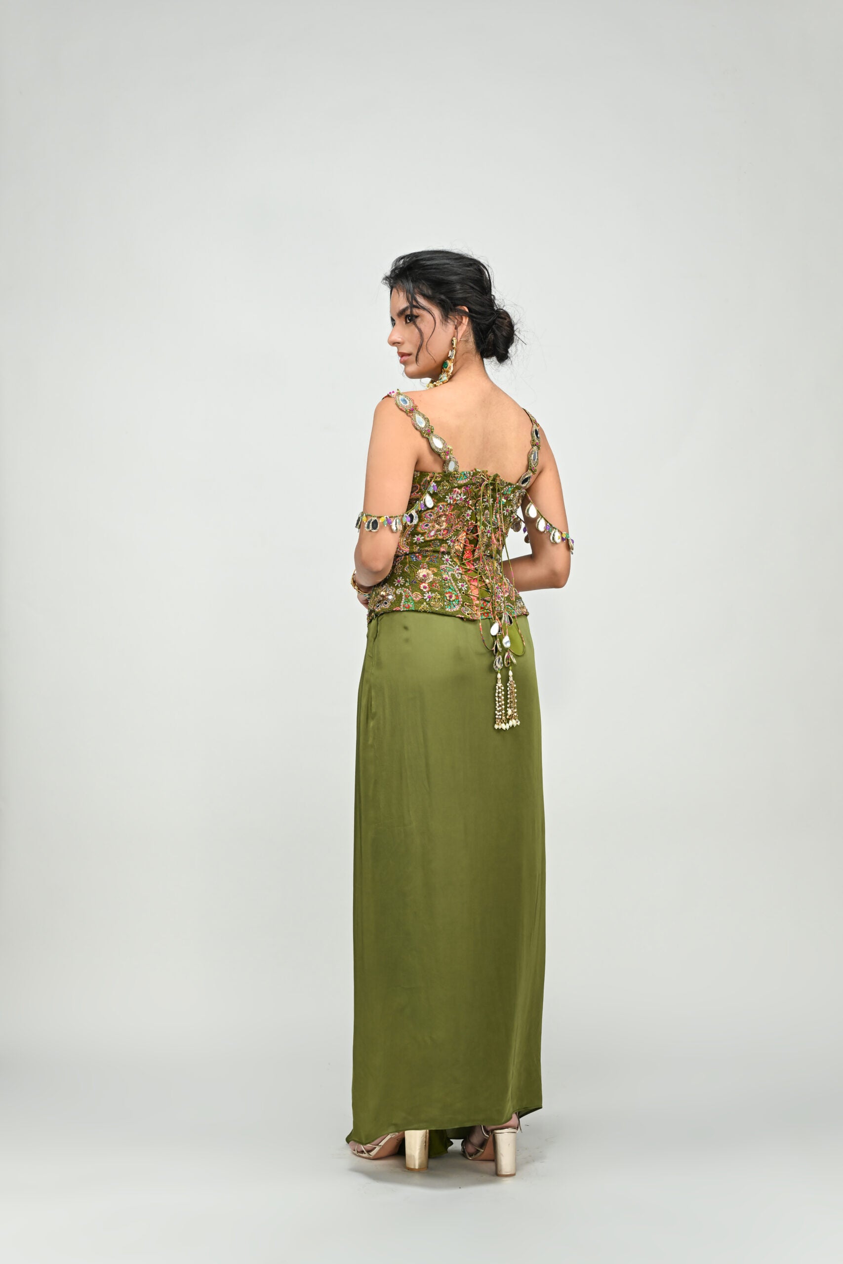 Olive Badla Embroidered Corset Paired with Olive Cowl Skirt image 4