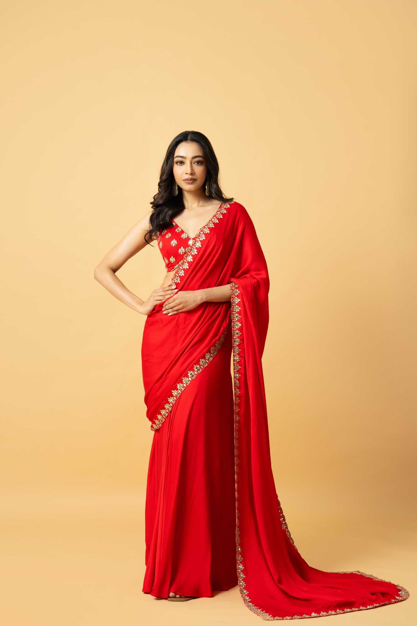 Red Modal Satin Saree - XL image