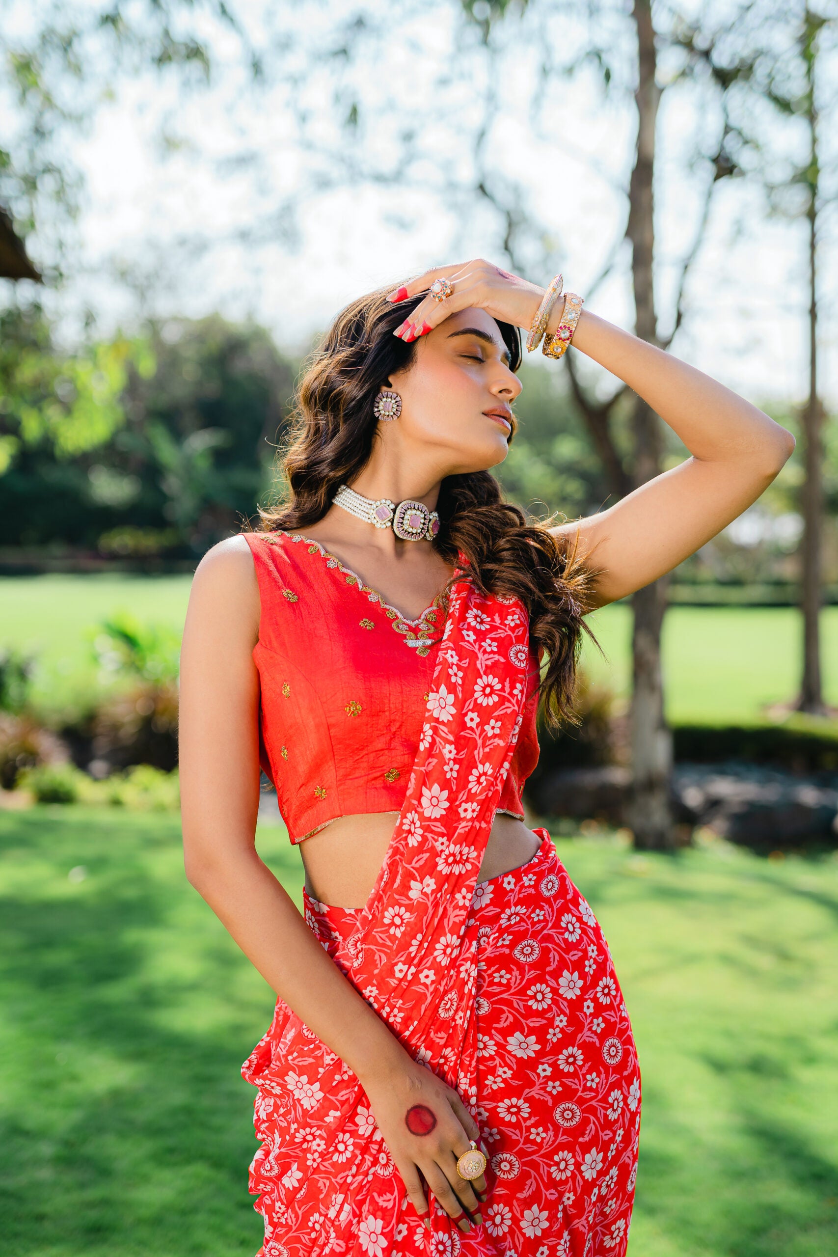 Cherry Red Floral Printed Pre-Stitched Saree Set image 2