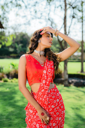 Cherry Red Floral Printed Pre-Stitched Saree Set image 2