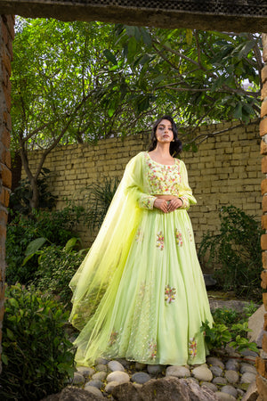 Green Georgette Floral Thread Embroidered Lehenga Set image 1